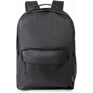 A black backpack with two straps and a front zip pocket, featuring a mesh side pocket.