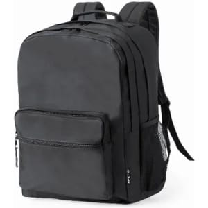 A black backpack featuring multiple compartments and padded straps for comfort. Includes a front pocket and side mesh pocket.
