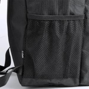 A drink bottle carrier in black featuring a mesh pocket and adjustable straps. It includes a logo or branding.