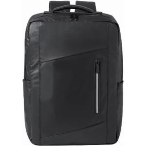 A black backpack with a sleek design, featuring a front zip pocket and dual shoulder straps.