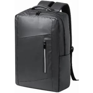 A black backpack with a sleek design, featuring a front zip pocket and adjustable straps.