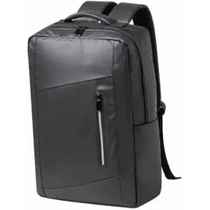 A grey backpack with a sleek design, featuring a front zip pocket and two shoulder straps.