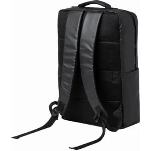 A black backpack with padded straps, featuring a sleek design and mesh panels for comfort.
