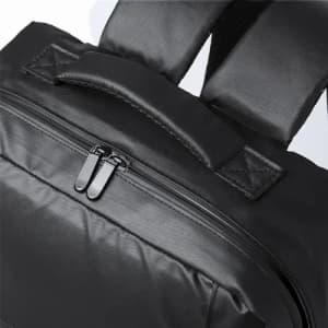 A black backpack with a smooth finish and dual zipper closure, featuring padded shoulder straps.