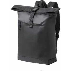 A black backpack with a roll-top design, featuring adjustable straps and a front zip pocket.