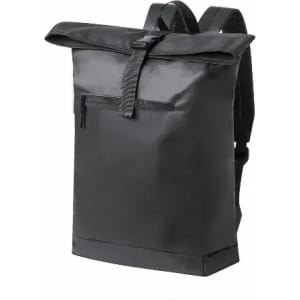 A black roll-top backpack with a front zip pocket and adjustable straps. It has a sleek, modern design.