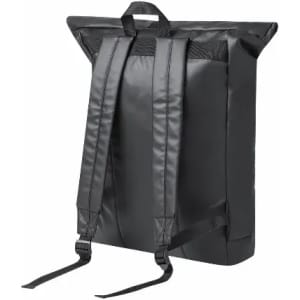 A black backpack with a roll-top design, featuring adjustable straps and a handle at the top.