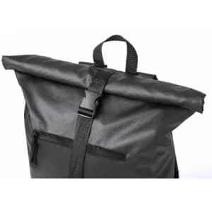 A black roll-top backpack with a top handle and adjustable straps, featuring a front zip pocket.