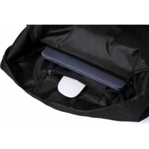A black bag interior featuring a zippered pocket and a section for a laptop, showing a sleek design and sturdy fabric.