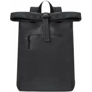 A black backpack with a roll-top closure, front zip pocket, and adjustable straps. It features a simple design.