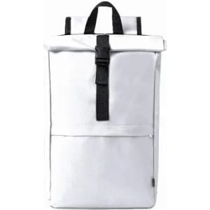 A backpack in white with a roll-top closure, featuring a front pocket and adjustable straps.