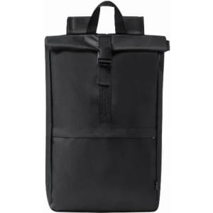 A black backpack with a roll-top closure and adjustable straps, featuring a front pocket and a logo.