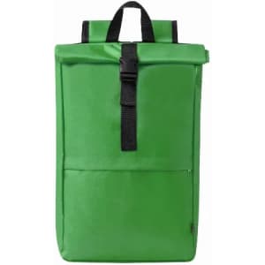 A green roll-top backpack with a front pocket and black straps, featuring a logo on the front.