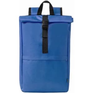 A blue backpack with a roll-top closure and a front pocket, featuring a black strap and handle.
