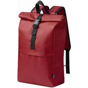 A red backpack features a roll-top closure and adjustable black straps, with a front pocket and branding.