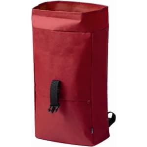 A red roll-top backpack with a buckle closure and shoulder straps. It features a textured fabric design.