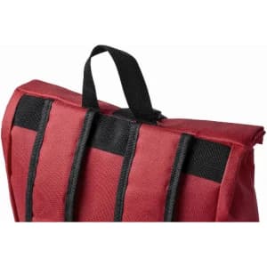 A red bag with black straps and a top handle, featuring a robust fabric design.