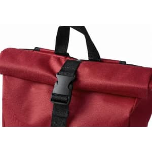 A red promotional bag with a black buckle and strap, featuring a roll-top design and a sturdy handle.