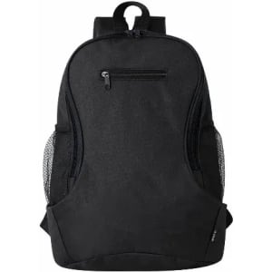 A black backpack featuring multiple compartments and mesh side pockets, with a zipper in the front and shoulder straps.