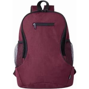 A maroon backpack featuring a front zipper pocket and mesh side pockets, with a logo on the lower side.