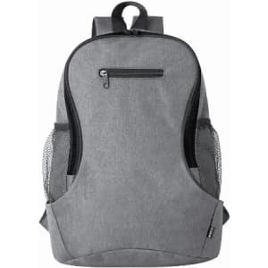 A grey backpack with mesh side pockets and a front zippered pocket, featuring adjustable shoulder straps.