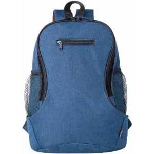 A blue backpack with mesh side pockets and a front zip pocket, featuring a simple design.