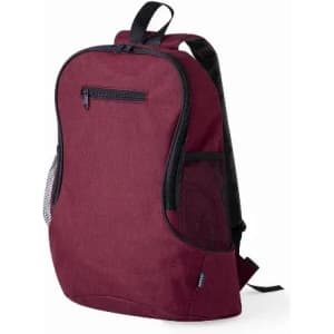 A burgundy backpack featuring mesh side pockets and a zippered front compartment, with a simple design and branding.