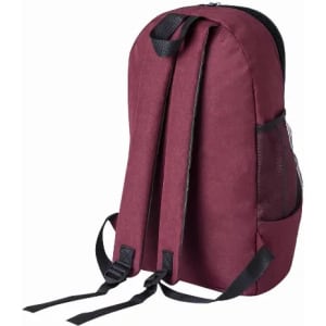 A burgundy backpack featuring padded shoulder straps and mesh side pockets. It has a simple, sleek design.