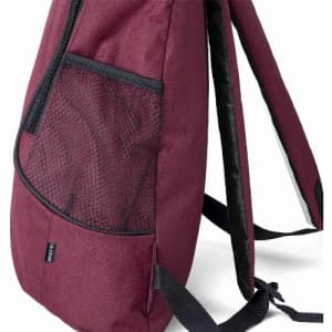 A maroon backpack featuring a mesh pocket on the side and adjustable straps. It has branding on the exterior.