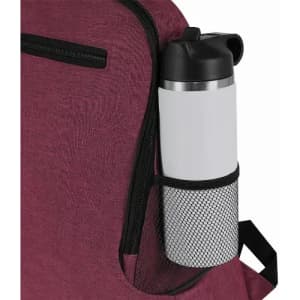 A maroon backpack with a side mesh pocket holding a grey drink bottle and a silver lid. The backpack has a zippered pocket.