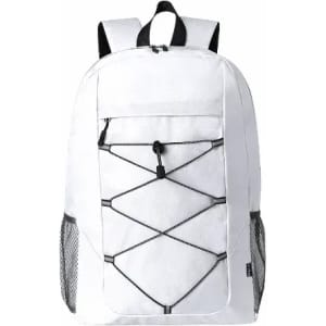 A backpack in white with a front pocket, bungee cord design, and mesh side pockets. It has adjustable shoulder straps.