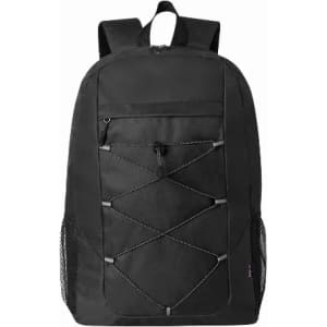 A black backpack featuring a front pocket, mesh side pockets, and a bungee cord design on the front.