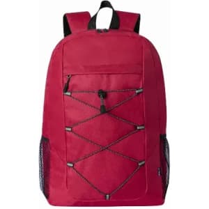 A red backpack with adjustable straps, front bungee cord, and side mesh pockets. It features a logo on the front.