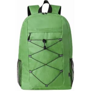A green backpack featuring a front pocket, bungee cords, and mesh side pockets. It has adjustable straps and a logo.