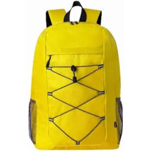 A bright yellow backpack featuring a front bungee cord design and mesh side pockets. It includes a logo on the front.