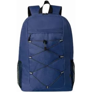 A navy blue backpack featuring a front pocket, mesh side pockets, and bungee cord design. It has a logo on it.