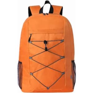 An orange backpack with a front pocket and mesh side pockets, featuring a bungee cord design.
