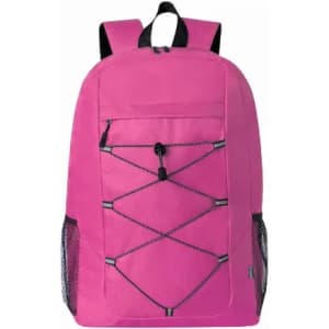 A pink backpack with adjustable straps, a front zip pocket, and mesh side pockets. It features a bungee cord design.