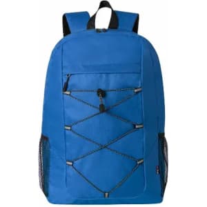 A blue backpack with adjustable straps, a zippered front pocket, and mesh side pockets. It features a logo.