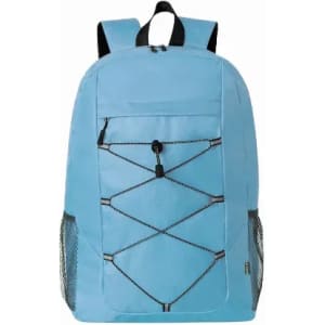 A blue backpack features a front pocket and elastic bungee cord design. It includes mesh side pockets and adjustable straps.