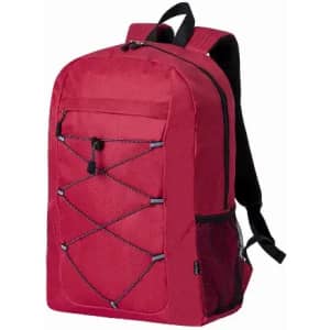 A red backpack featuring a front pocket, elastic bungee cord detail, and mesh side pocket. It has adjustable shoulder straps.