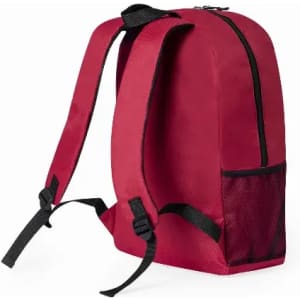 A red backpack with black straps and a mesh side pocket. Features a zippered compartment for storage.