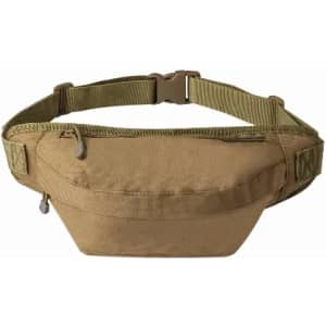 A waist bag in tan colour with an adjustable strap and zipper compartments. It features a logo on the front.