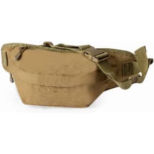A brown waist pouch with a sturdy strap and zip closure. The pouch features a simple, functional design.