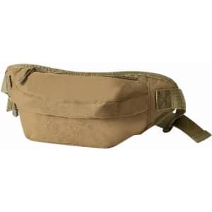 A tan waist bag with a zippered pocket and adjustable strap. It features a textured surface and has a logo.