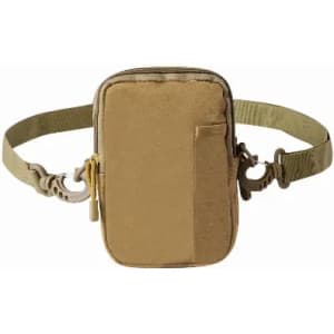 A tan utility pouch with a zipper and belt attachment, featuring a smooth front and side pocket.