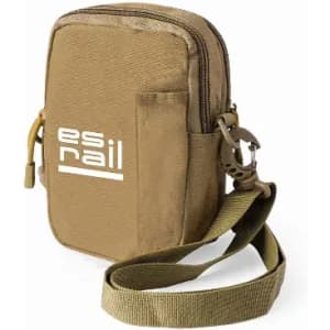 A tan zippered pouch with a shoulder strap and a logo, featuring a front pocket and a secure closure.