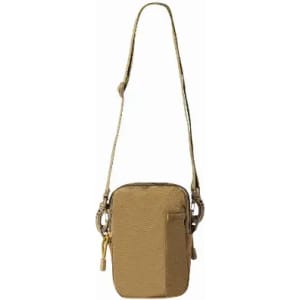 A tan crossbody bag with a textured surface and an adjustable strap, featuring a front pocket and branding.
