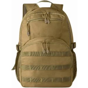 A khaki backpack featuring multiple pockets and a mesh side pocket, with a sturdy design and adjustable straps.