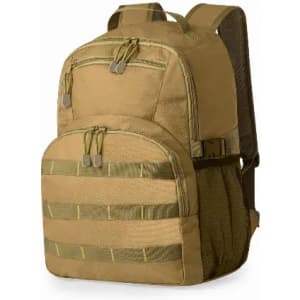 A tan backpack featuring multiple zippered compartments and a mesh side pocket. It includes adjustable shoulder straps and a branding logo.